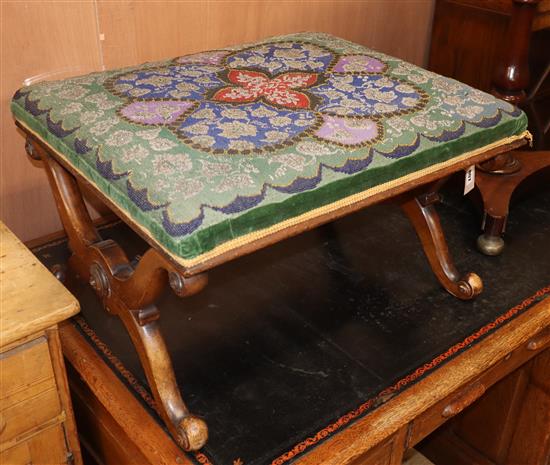 A Victorian mahogany X frame dressing stool with bead work seat